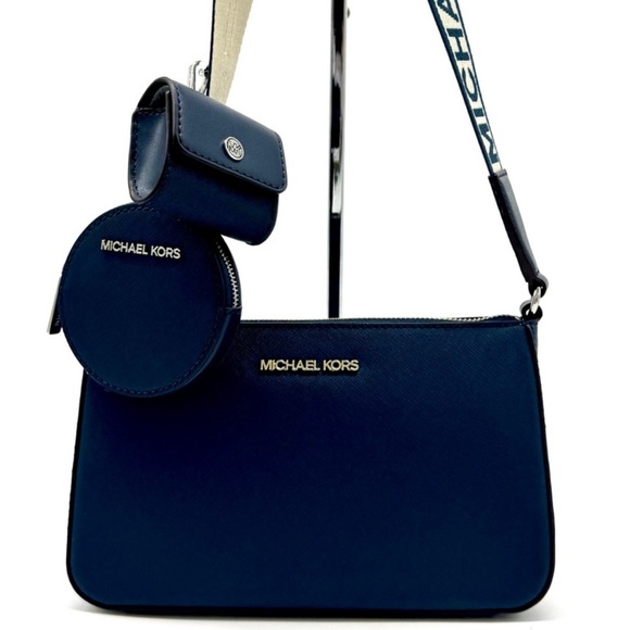 Michael Kors Small Leather Crossbody Bag w Case for Apple Airpods Pro® Navy - Picture 1 of 11